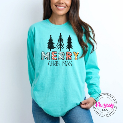 Close up of the Merry Christmas pine art on a Chalky Mint long sleeve tee.