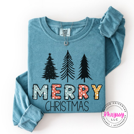 Ice Blue long sleeve tee featuring sketched pine trees and Merry Christmas lettering.