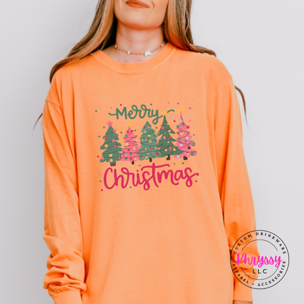 Close up of the Christmas tree art on a Melon long sleeve tee.