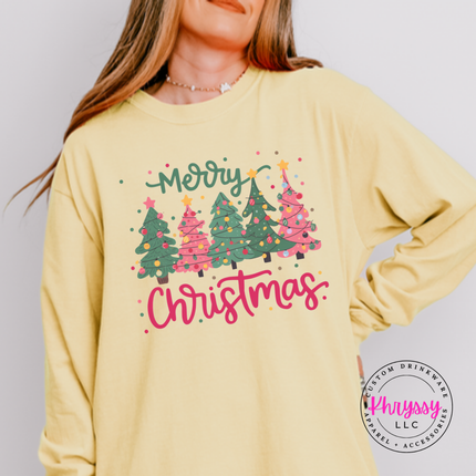 Butter long sleeve tee featuring pink and green trees with Merry Christmas script.