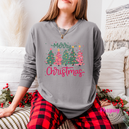 Close up of the Christmas tree art on a Gray long sleeve tee.