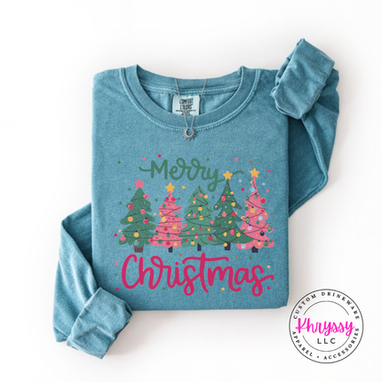 Flat lay of the Christmas tree long sleeve tee in Ice Blue.