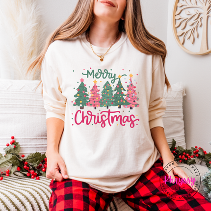 Ivory long sleeve tee featuring pink and green trees with Merry Christmas script.