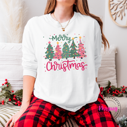 Flat lay of the Christmas tree long sleeve tee in White.