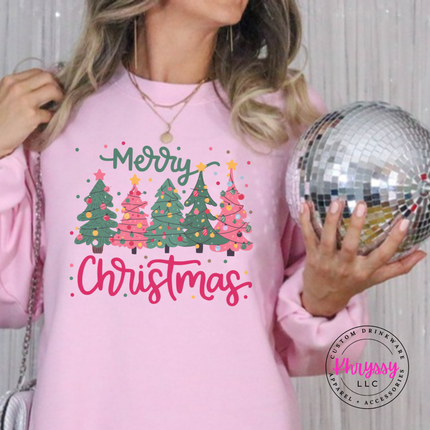 Light Pink crewneck sweatshirt featuring pink and green trees with Merry Christmas script.