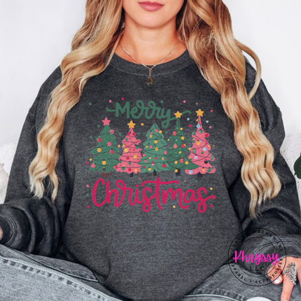 Close up of the Christmas tree art on a Dark Heather crewneck sweatshirt.