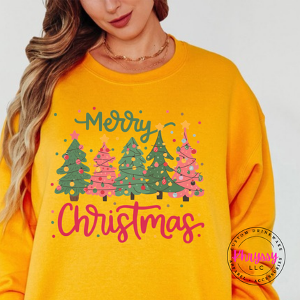 Gold crewneck sweatshirt showing a row of pink and green Christmas trees.