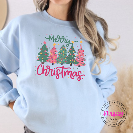 Flat lay of the Christmas tree crewneck sweatshirt in Light Blue.