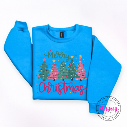 Close up of the Christmas tree art on a Sapphire crewneck sweatshirt.