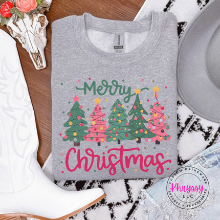 Sport Gray crewneck sweatshirt showing a row of pink and green Christmas trees.