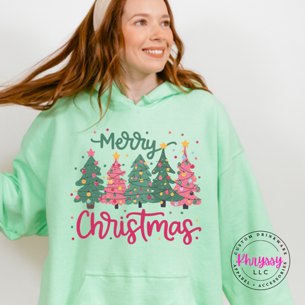 Mint Green hoodie featuring pink and green trees with Merry Christmas script.
