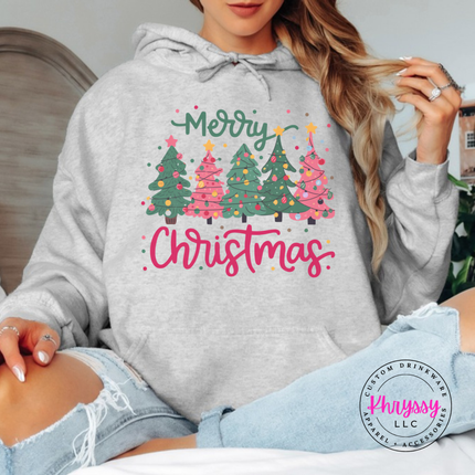 Ash hoodie featuring pink and green trees with Merry Christmas script.