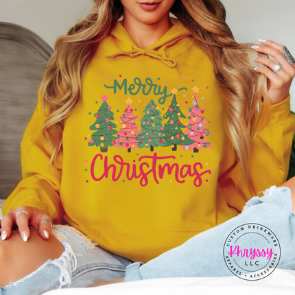 Close up of the Christmas tree art on a Gold hoodie.