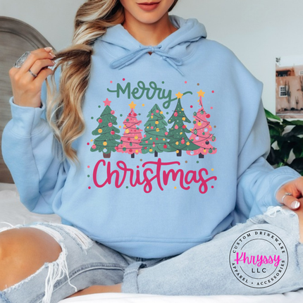Light Blue hoodie showing a row of pink and green Christmas trees.