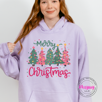 Model wearing the Merry Christmas tree hoodie in Orchid.