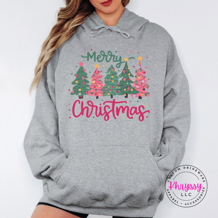 Sport Gray hoodie showing a row of pink and green Christmas trees.