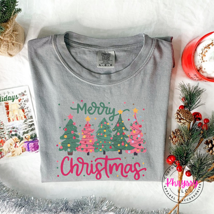 Gray tee showing a row of pink and green Christmas trees.