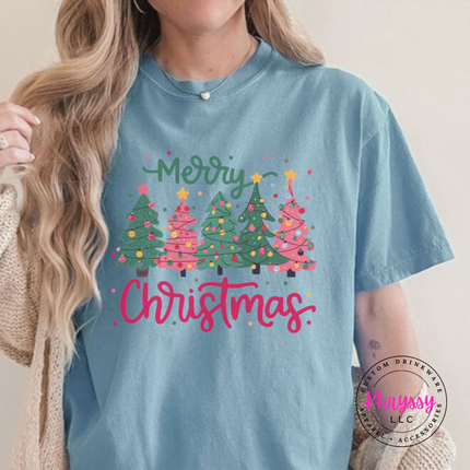 Flat lay of the Christmas tree tee in Ice Blue.