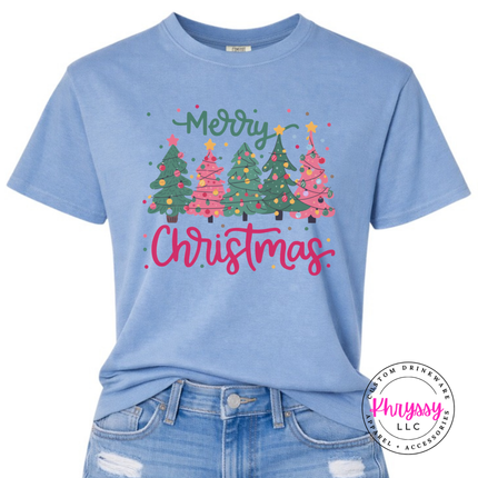Washed Denim tee showing a row of pink and green Christmas trees.