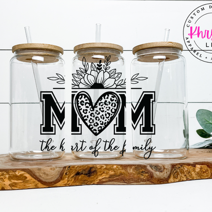 16oz Mom the Heart of the Family Glass Libbey Cup with Glass Straw