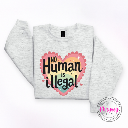 Heavyweight activism crewneck with bold heart no human is illegal graphic