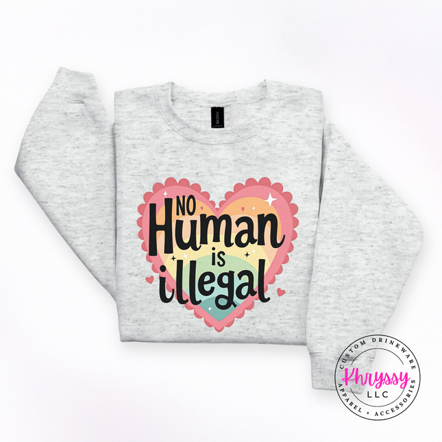 Heavyweight activism crewneck with bold heart no human is illegal graphic