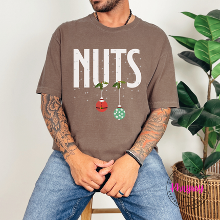 Espresso tee featuring holly, snowflakes and two holiday ornaments.