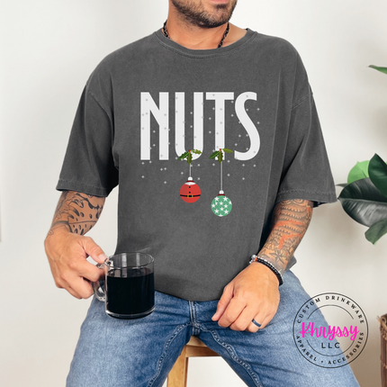 Funny Nuts Christmas ornament design printed on a Pepper tee.