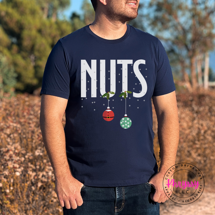 True Navy tee featuring holly, snowflakes and two holiday ornaments.