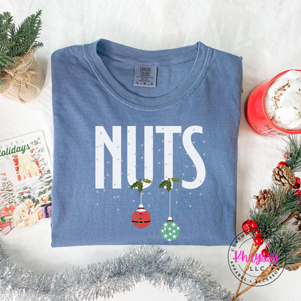 Funny Nuts Christmas ornament design printed on a Blue Jean long sleeve tee.
