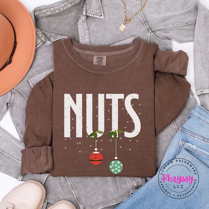 Espresso long sleeve tee featuring holly, snowflakes and two holiday ornaments.