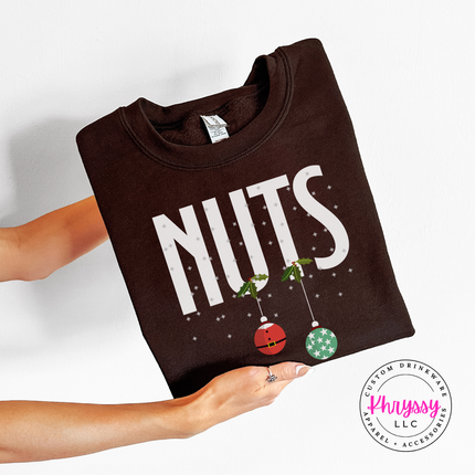 Nuts Christmas ornament crewneck sweatshirt in Dark Chocolate.