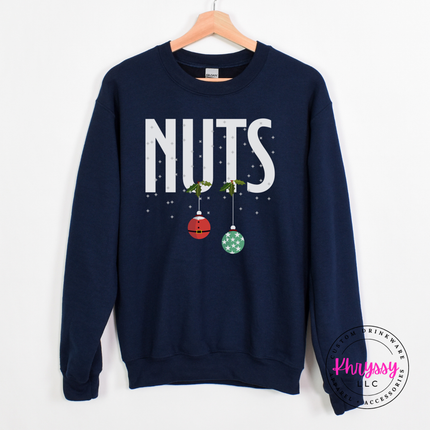 Funny Nuts Christmas ornament design printed on a Navy crewneck sweatshirt.