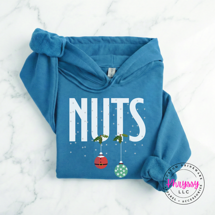 Antique Sapphire hoodie with bold Nuts lettering and two hanging ornaments.