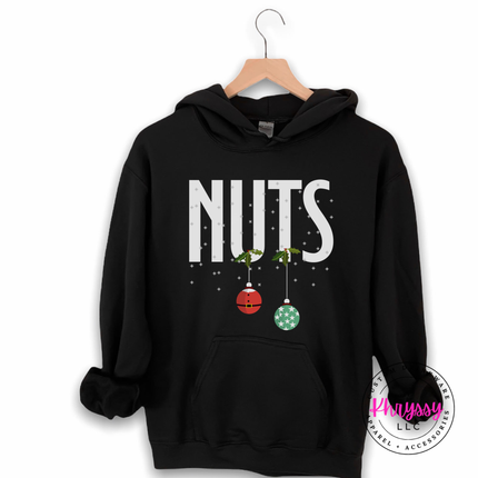 Funny Nuts Christmas ornament design printed on a Black hoodie.