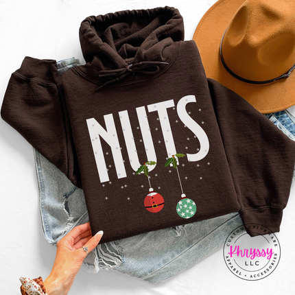 Dark Chocolate hoodie featuring holly, snowflakes and two holiday ornaments.