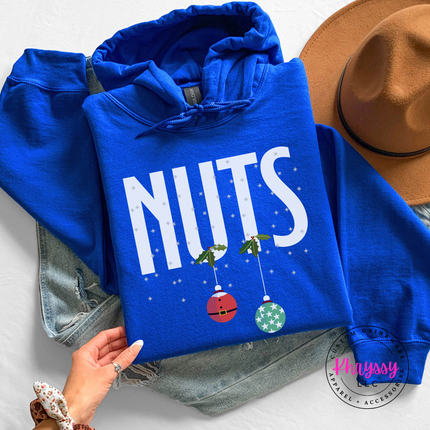 Royal hoodie featuring holly, snowflakes and two holiday ornaments.