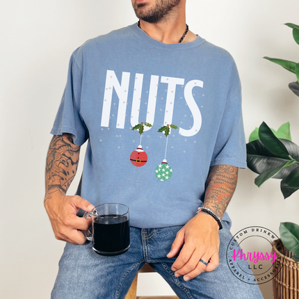 Funny Nuts Christmas ornament design printed on a Blue Jean tee.