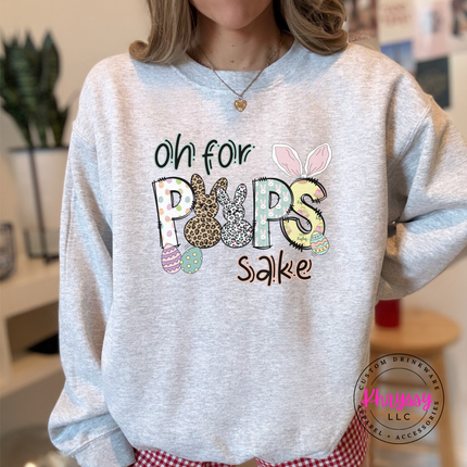 Ash crewneck sweatshirt with a funny Oh For Peeps Sake leopard Easter bunny graphic.