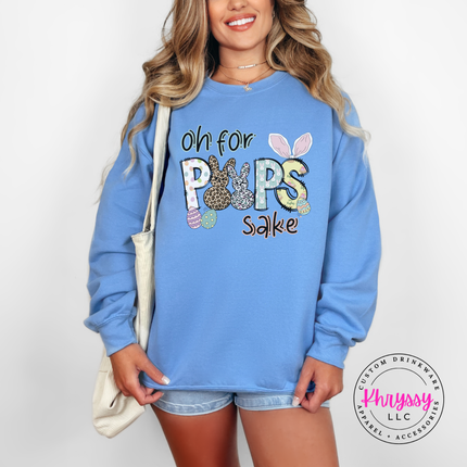 Light Blue crewneck sweatshirt showing a leopard Easter bunny Oh For Peeps Sake print.