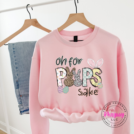 Light Pink crewneck sweatshirt with a cute Oh For Peeps Sake Easter bunny graphic.