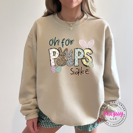 Sand crewneck sweatshirt displaying a funny pastel Oh For Peeps Sake Easter design.