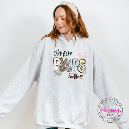 Ash pullover hoodie with a funny Oh For Peeps Sake leopard Easter bunny graphic.