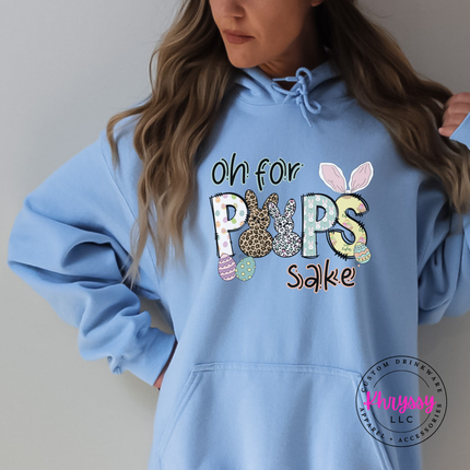 Light blue pullover hoodie displaying a leopard floral Easter bunny graphic.