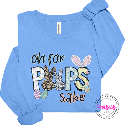 Blue long-sleeve shirt with colorful text and graphics on a white background
