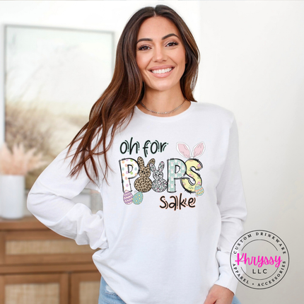 whiye long sleeve tee displaying a leopard floral Easter bunny graphic.
