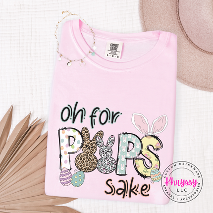 Blossom garment-dyed tee with a funny Oh For Peeps Sake leopard Easter bunny graphic.