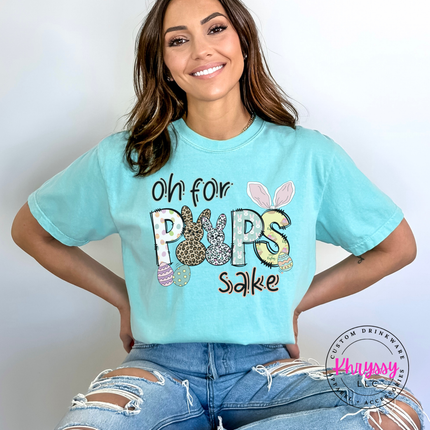 chambray garment-dyed tee showing a leopard Easter bunny Oh For Peeps Sake print.