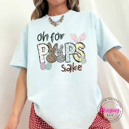 Hydrangea garment-dyed tee with a cute Oh For Peeps Sake Easter bunny graphic.