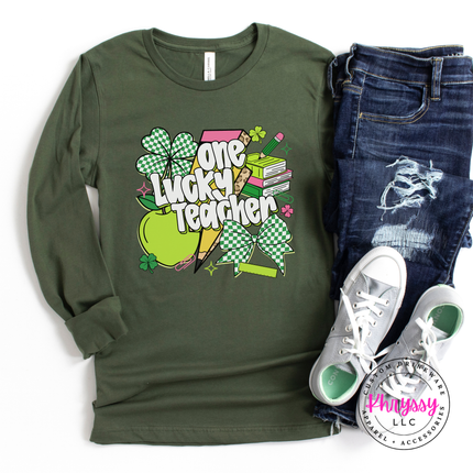 Military green long sleeve styled with a festive lucky teacher graphic.